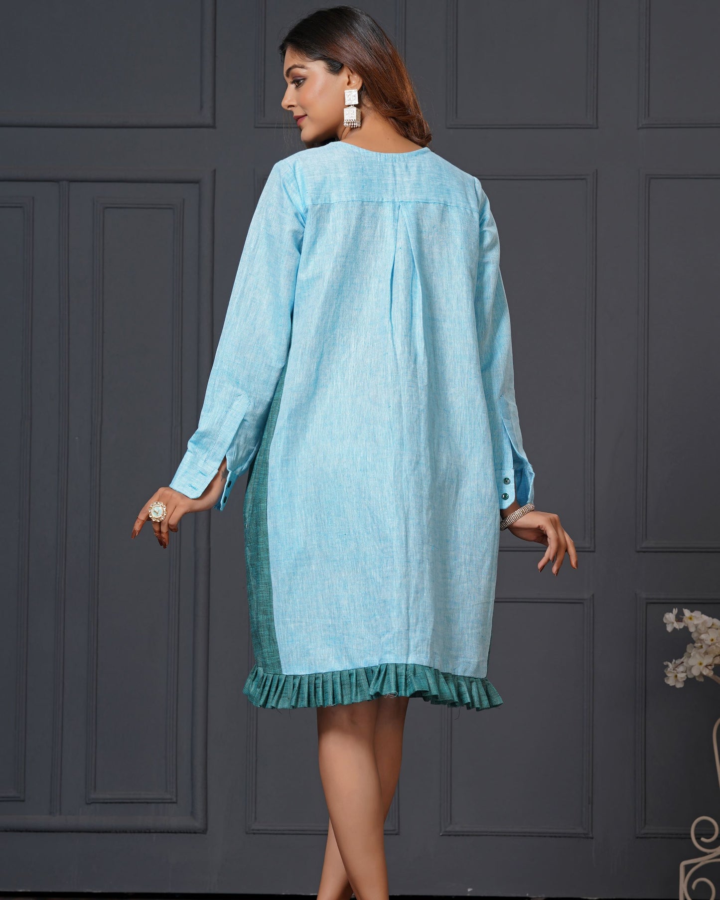 Lataree Jiya high summer collection-Azure Ruffle Day Dress – Linen Cotton Side Panel Dress with Pockets