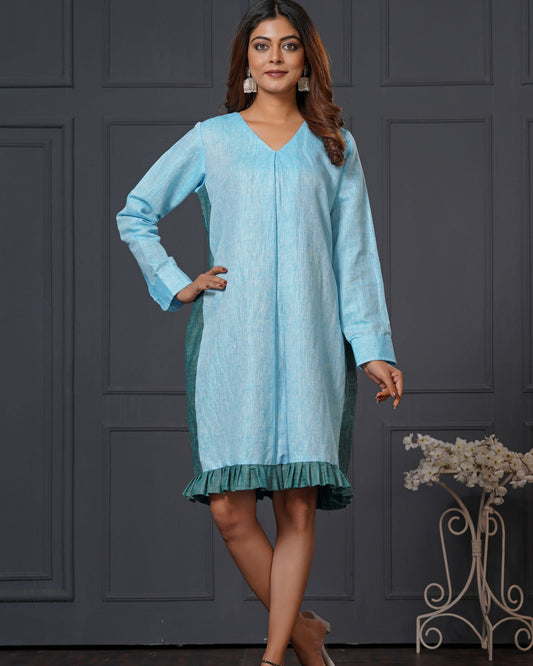 Lataree Jiya high summer collection-Azure Ruffle Day Dress – Linen Cotton Side Panel Dress with Pockets