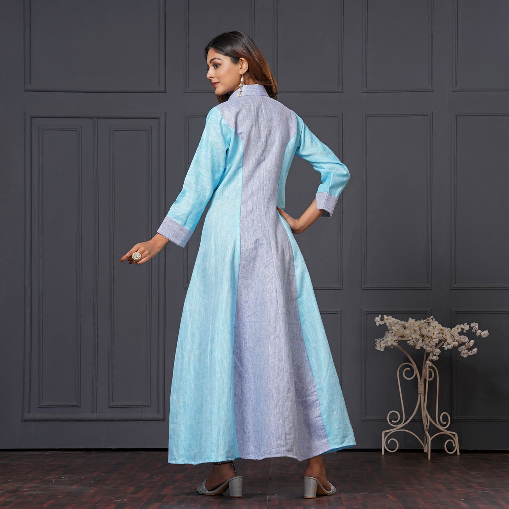 Ocean Mist Cargo Maxi Blue Linen Long Gown with Pockets