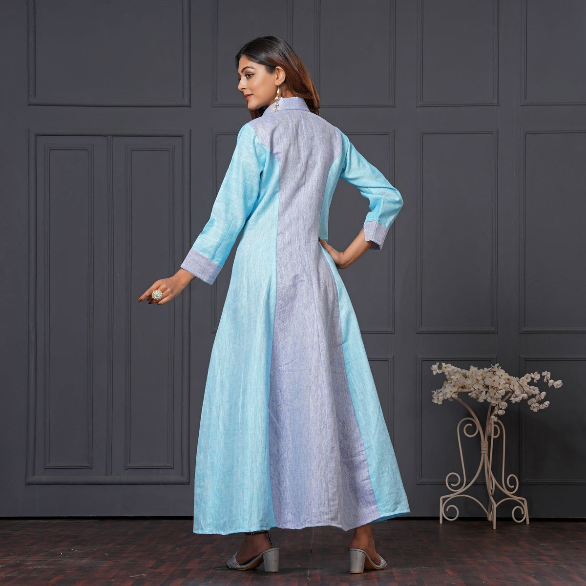 Ocean Mist Cargo Maxi Blue Linen Long Gown with Pockets