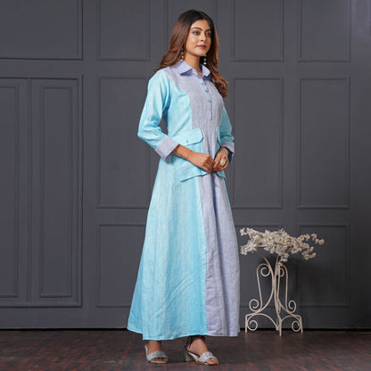Ocean Mist Cargo Maxi Blue Linen Cotton Long Gown with Pockets - Lataree