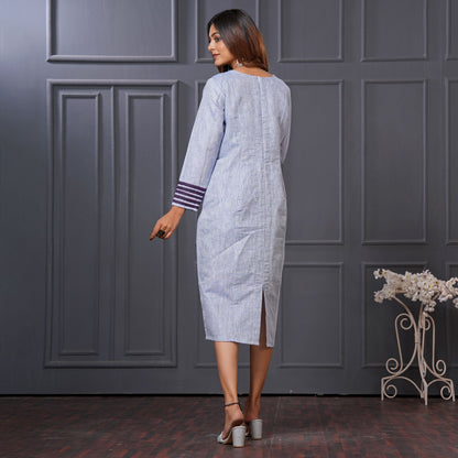 Powder Blue Linen Cotton A-Line Dress with Pockets - Lataree