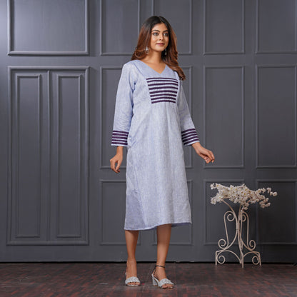 Powder Blue Linen Cotton A-Line Dress with Pockets - Lataree
