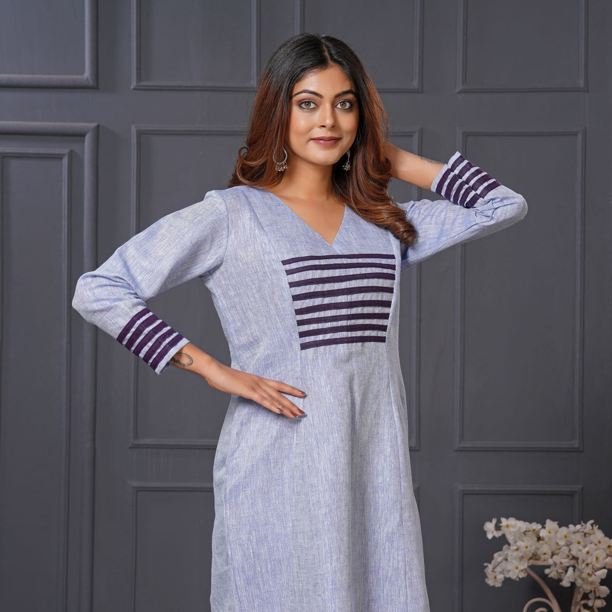 Powder Blue Linen A-Line Dress with Pockets