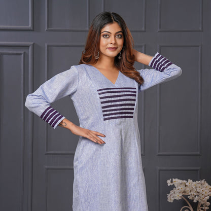 Powder Blue Linen Cotton A-Line Dress with Pockets - Lataree