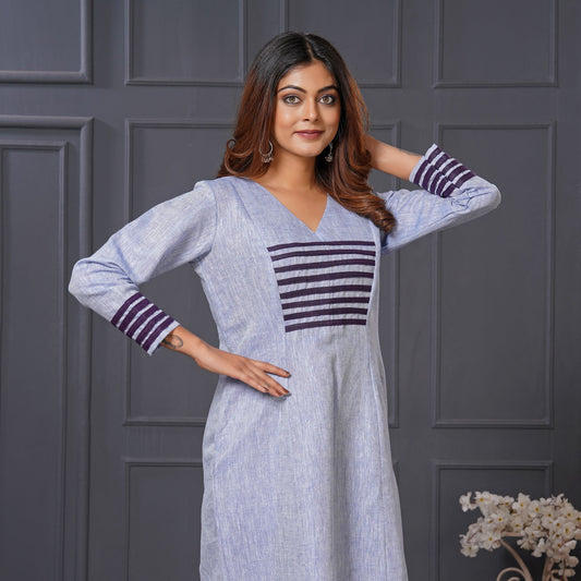 Powder Blue Linen A-Line Dress with Pockets - Lataree