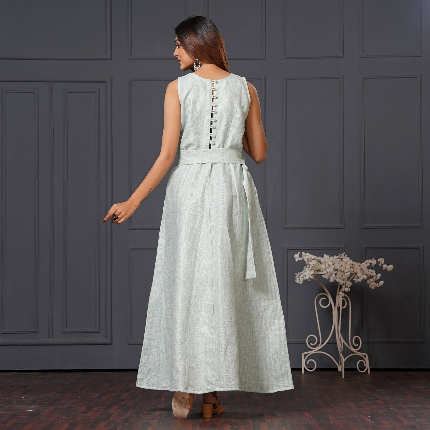 Green Linen Cotton Sleeveless Long Gown with Belt & Pocket - Lataree