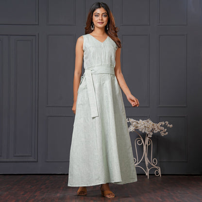 Green Linen Cotton Sleeveless Long Gown with Belt & Pocket - Lataree
