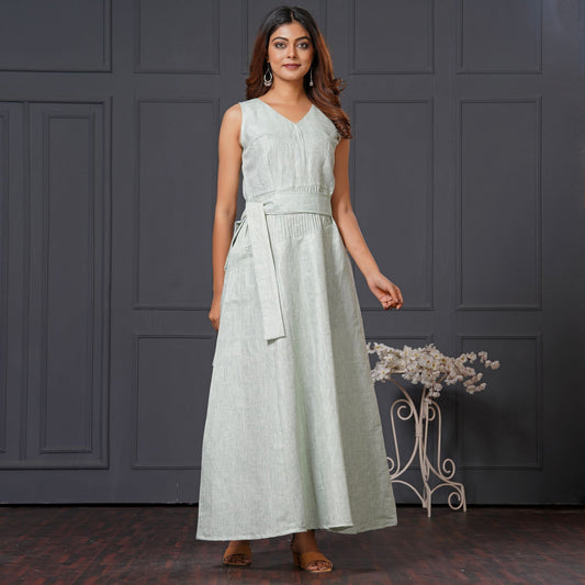 Lataree Jiya High Summer Collection – Green Linen Cotton Sleeveless Long Gown with Belt & Pocket