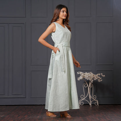 Green Linen Cotton Sleeveless Long Gown with Belt & Pocket - Lataree