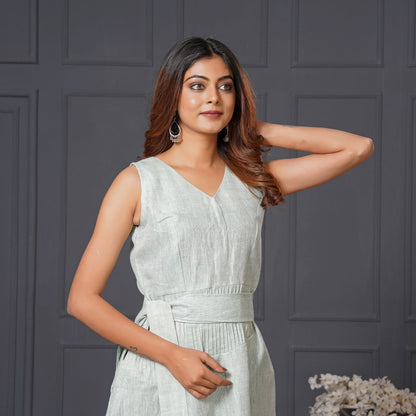 Green Linen Cotton Sleeveless Long Gown with Belt & Pocket - Lataree