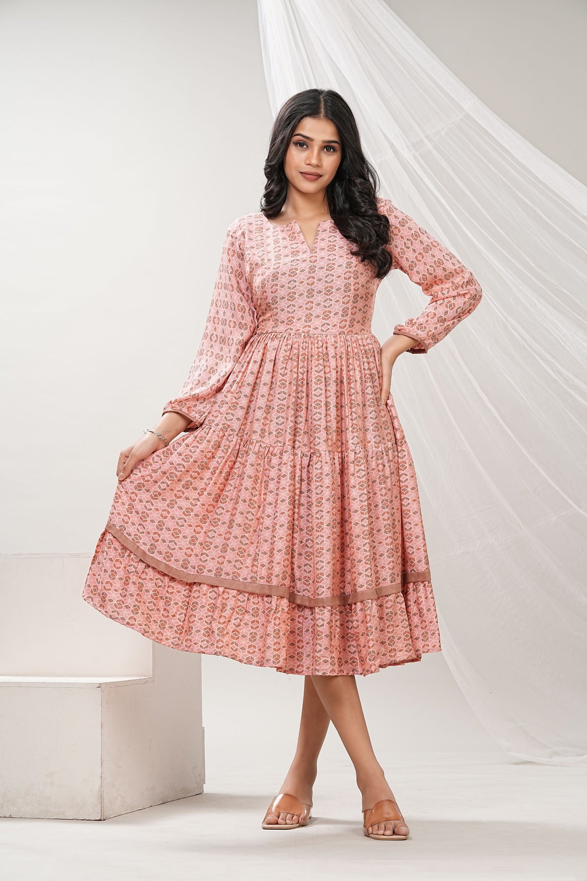 Pink Muslin Flared Midi Dress