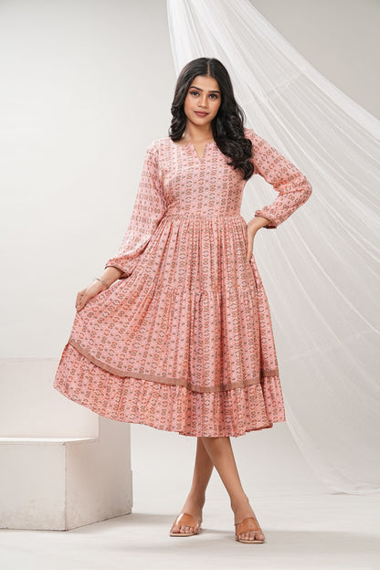 Lataree Pink Muslin Flared Midi Dress