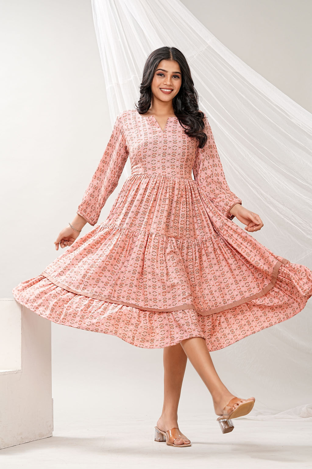 Pink Muslin Flared Midi Dress