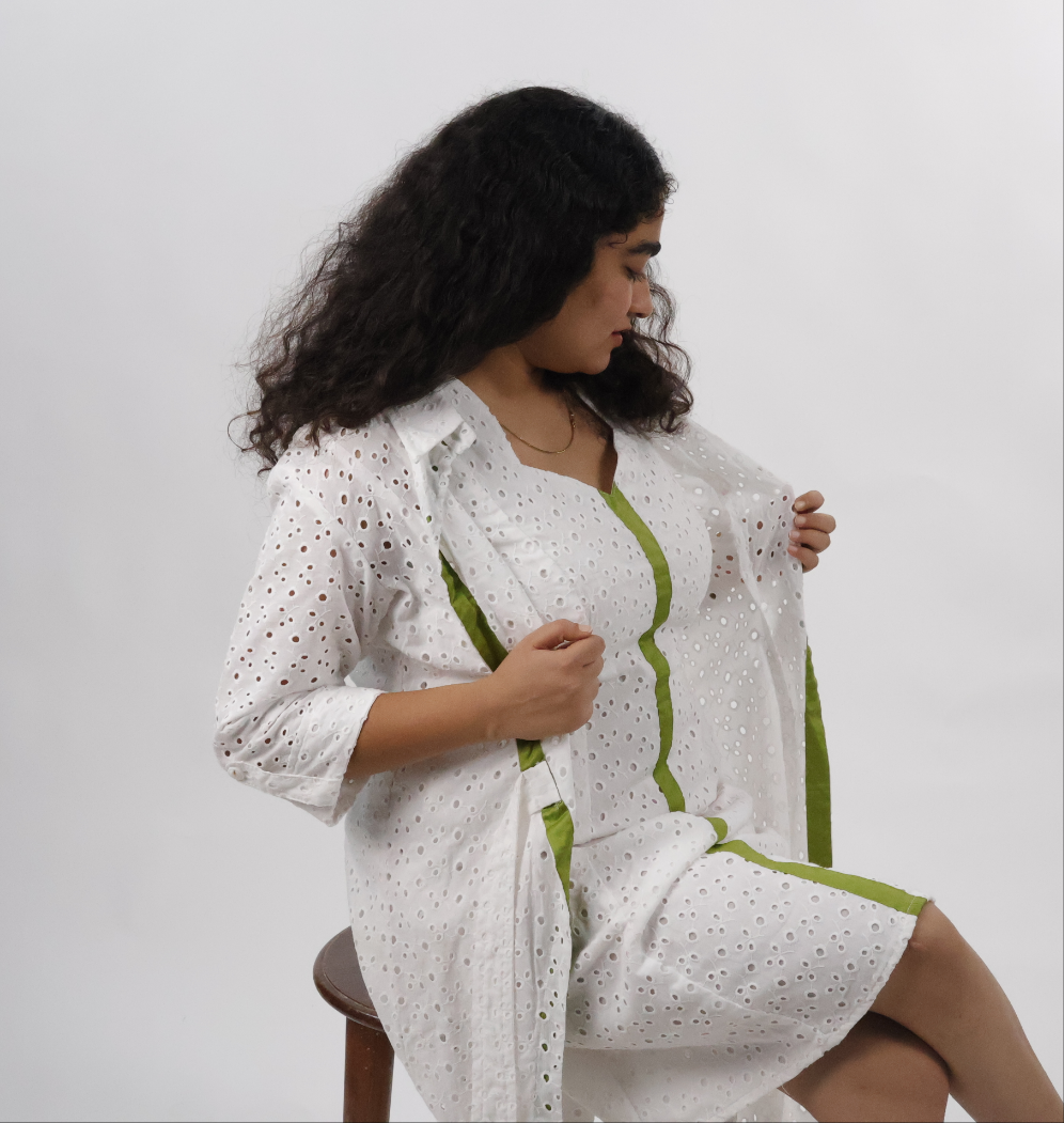 White Bodycon Dress with Green Detailing, Jacket & Pockets