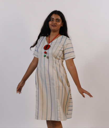 LATAREE Cream Striped A-Line Dress – Soft Fabric & Timeless Design