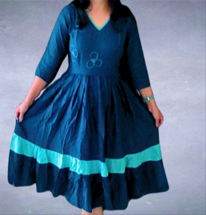 Teal Blue Flared Midi Dress with V-Neckline - Lataree