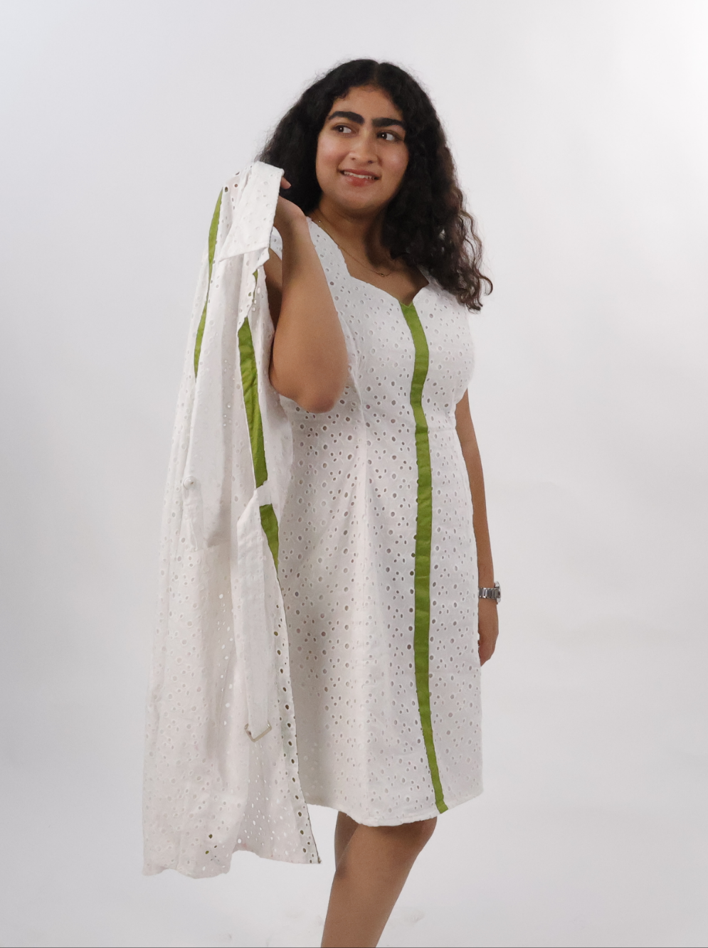 White Bodycon Dress with Green Detailing, Jacket & Pockets