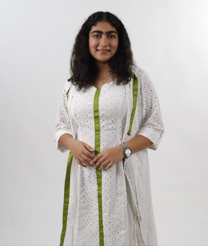 White Bodycon Dress with Green Detailing, Jacket & Pockets - Lataree