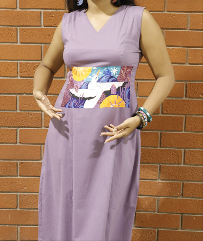 Lavender Hand-Painted Swan Panel A-line Dress - Lataree