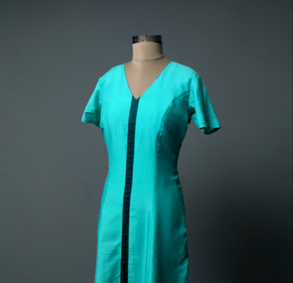 Teal A-Line Dress with Contrast Front Strip - Lataree
