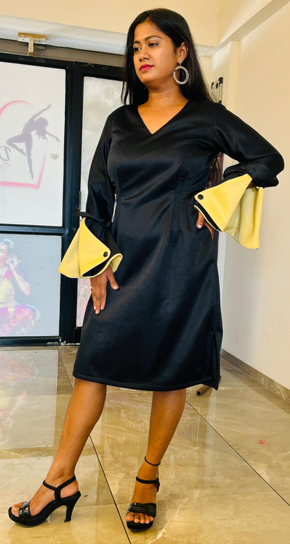 Black Bodycon Dress with Dual-Tone Bell Sleeves - Lataree