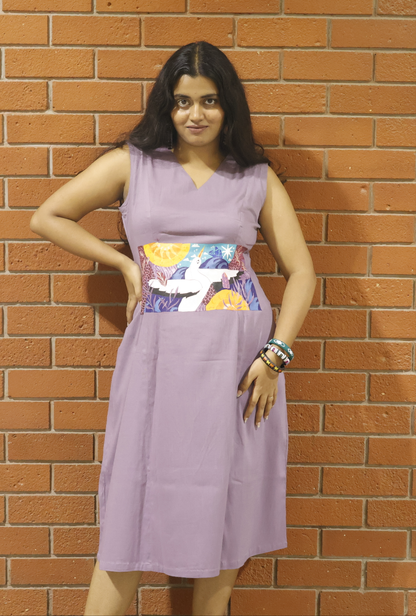 Lavender Hand-Painted Swan Panel A-line Dress - Lataree