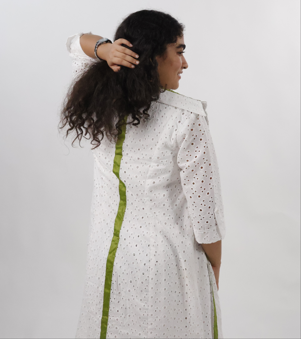 White Bodycon Dress with Green Detailing, Jacket & Pockets