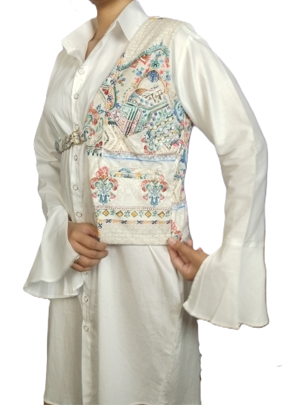 Multicolor Printed Cutaway Vest with Maharaja Elephant Design