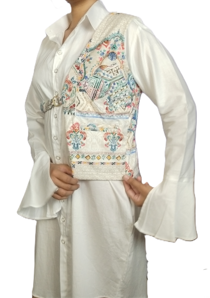 Multicolor Printed Cutaway Vest with Maharaja Elephant Design - Lataree
