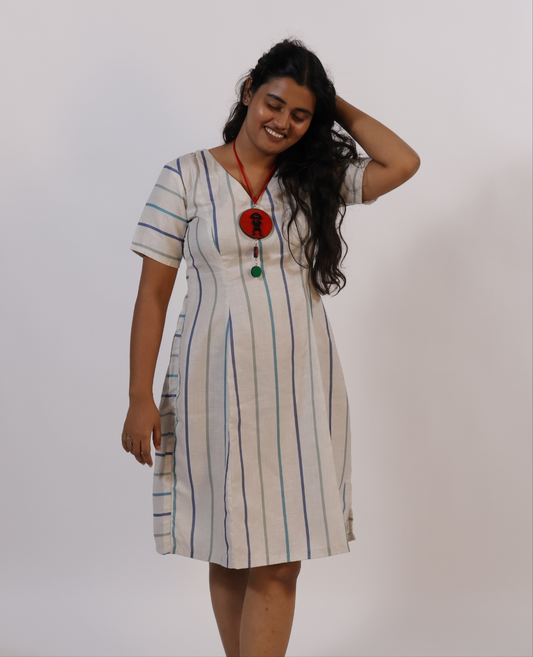 LATAREE Cream Striped A-Line Dress – Soft Fabric & Timeless Design
