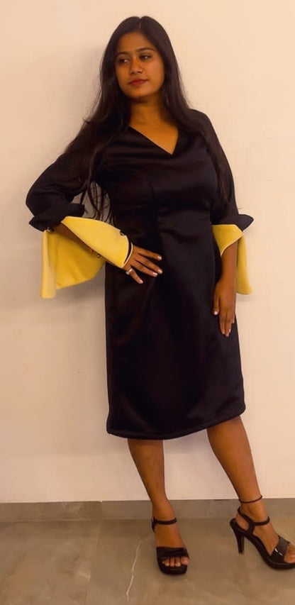 Black Bodycon Dress with Dual-Tone Bell Sleeves - Lataree