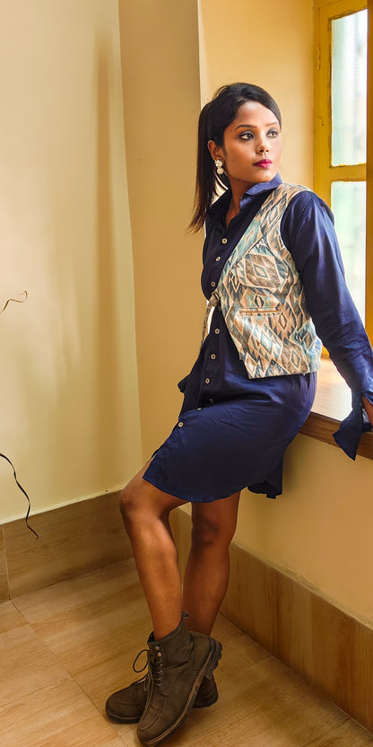 Blue-Gray Printed Cutaway Vest - Lataree
