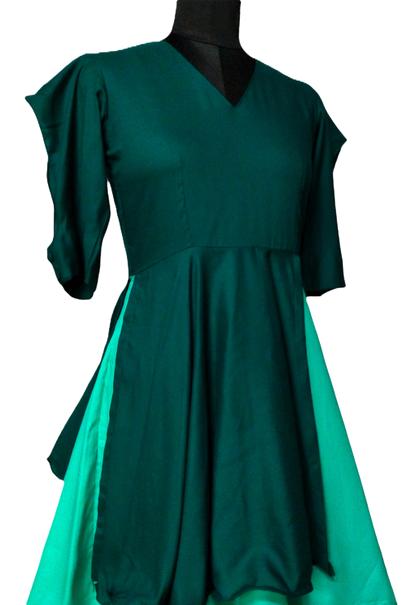 Teal Two-Tone Flared Dress with Statement Sleeves - Lataree