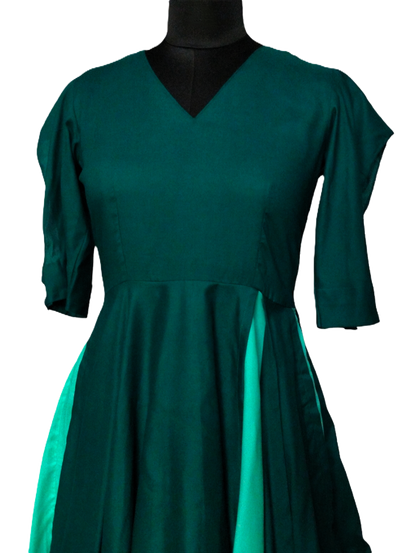 Teal Two-Tone Flared Dress with Statement Sleeves - Lataree