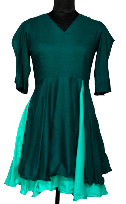 Teal Two-Tone Flared Dress with Statement Sleeves - Lataree