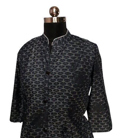Black Printed Cotton A-line Button-Down Dress - Lataree