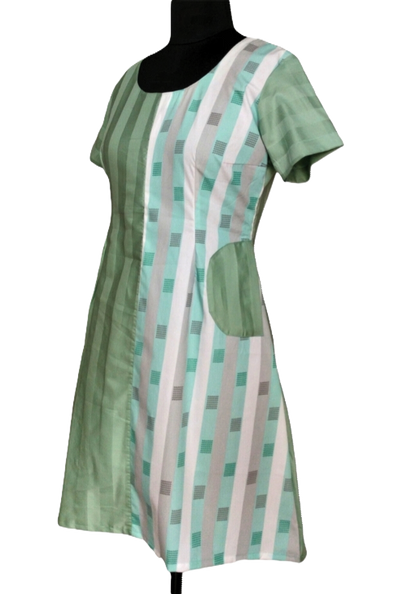 Mint Green Mini Dress with Patch Pockets & Abstract Stripes - Lataree