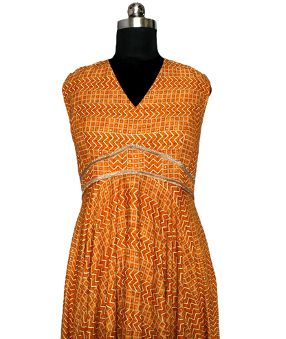 LATAREE Mustard Golden Full-Length Flared Gown with V-Neckline – Elegant & Premium
