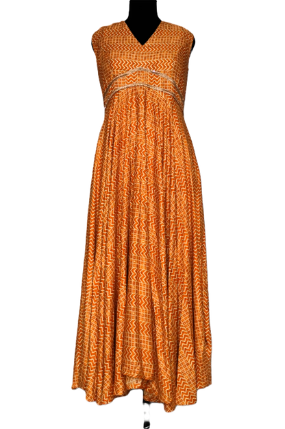 LATAREE Mustard Golden Full-Length Flared Gown with V-Neckline – Elegant & Premium