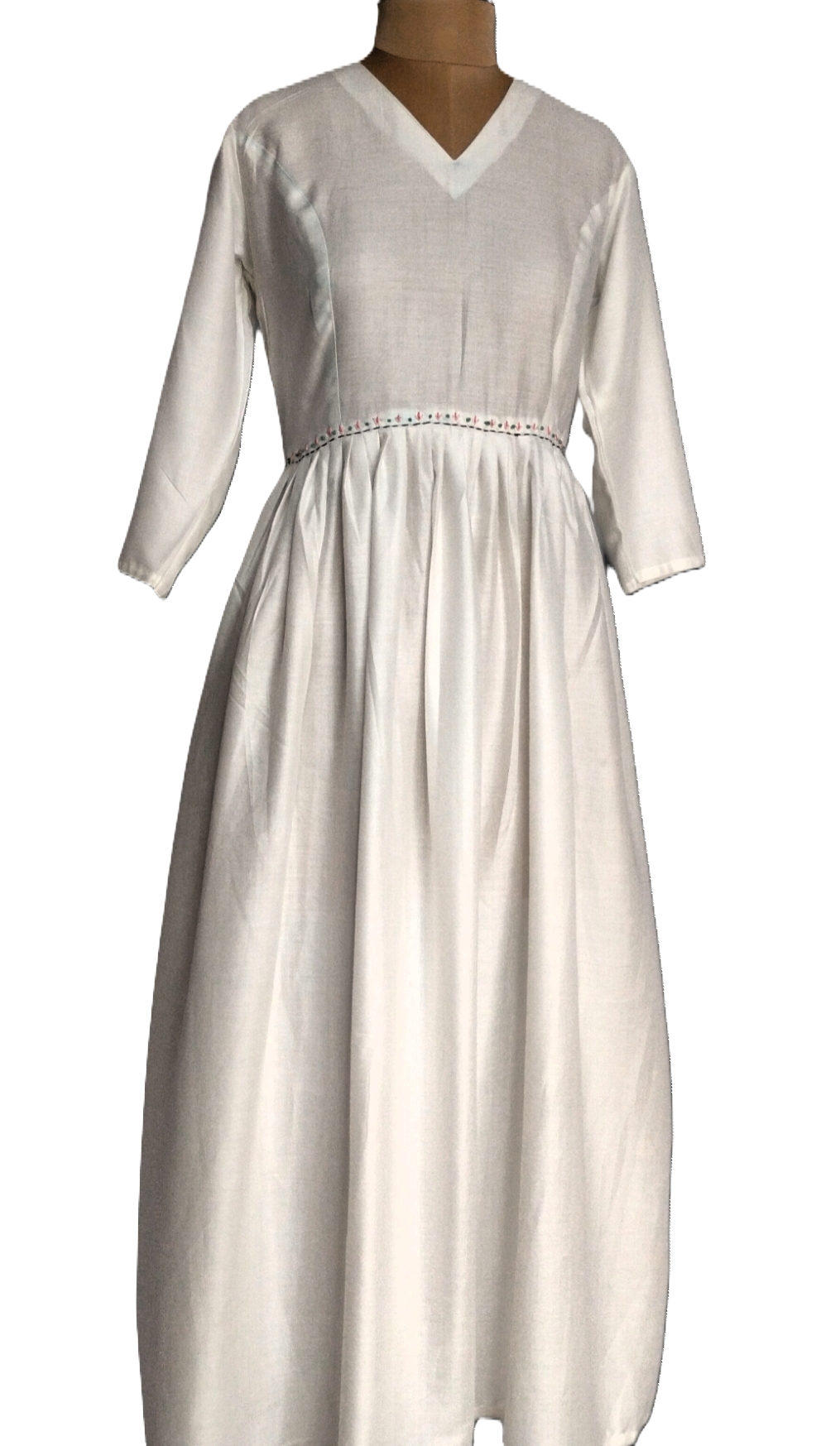 White V-Neck Midi Dress with Embroidered Waistline - Lataree