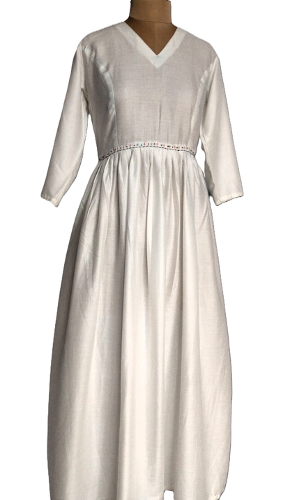 White V-Neck Midi Dress with Embroidered Waistline - Lataree
