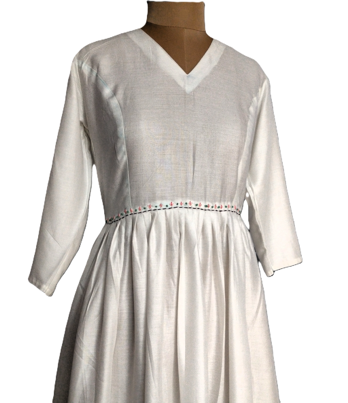 White V-Neck Midi Dress with Embroidered Waistline - Lataree