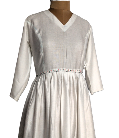 White V-Neck Midi Dress with Embroidered Waistline - Lataree