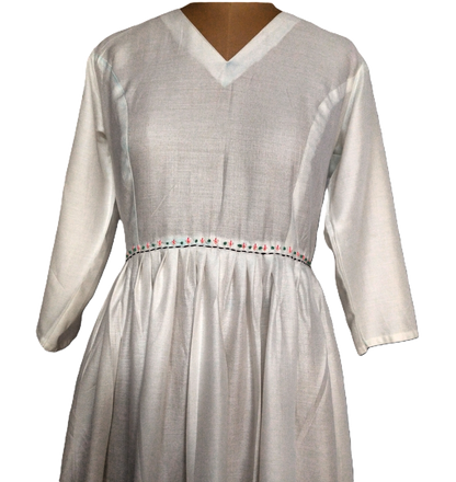 White V-Neck Midi Dress with Embroidered Waistline - Lataree