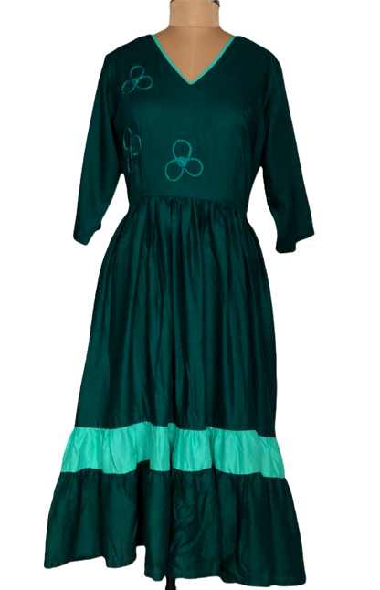 Teal Blue Flared Midi Dress with V-Neckline - Lataree