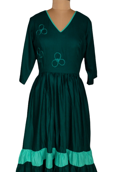 Teal Blue Flared Midi Dress with V-Neckline - Lataree