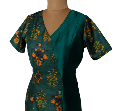 Green Floral Wrap Dress with V-Neckline - Lataree