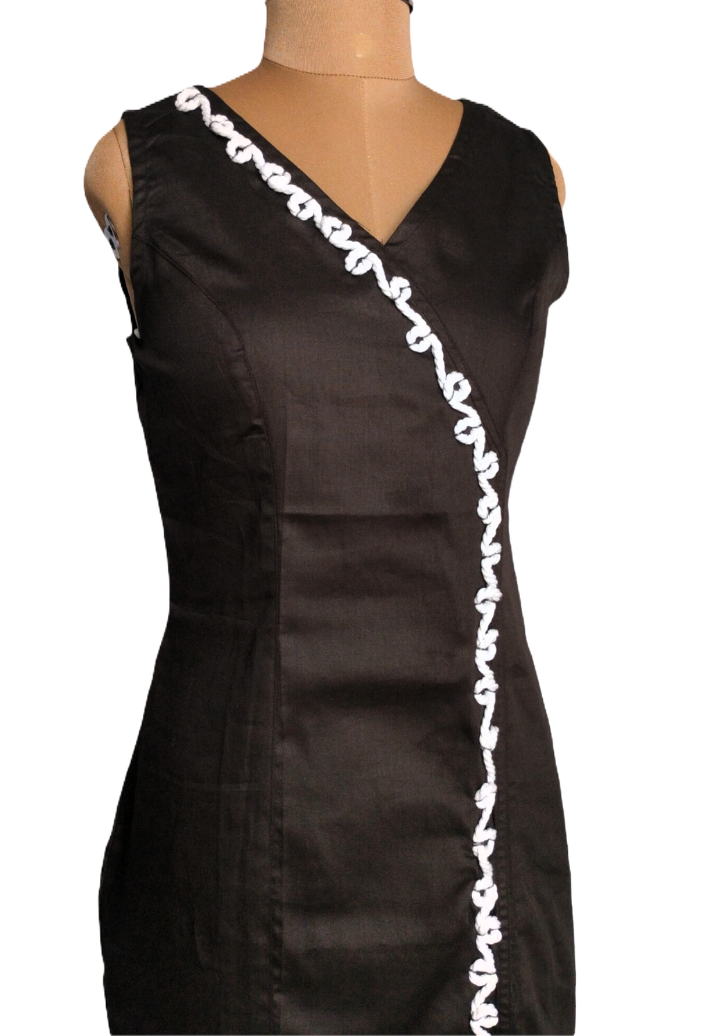Black cotton Wrap-Style A-line Dress with White Embroidered Trim - Lataree