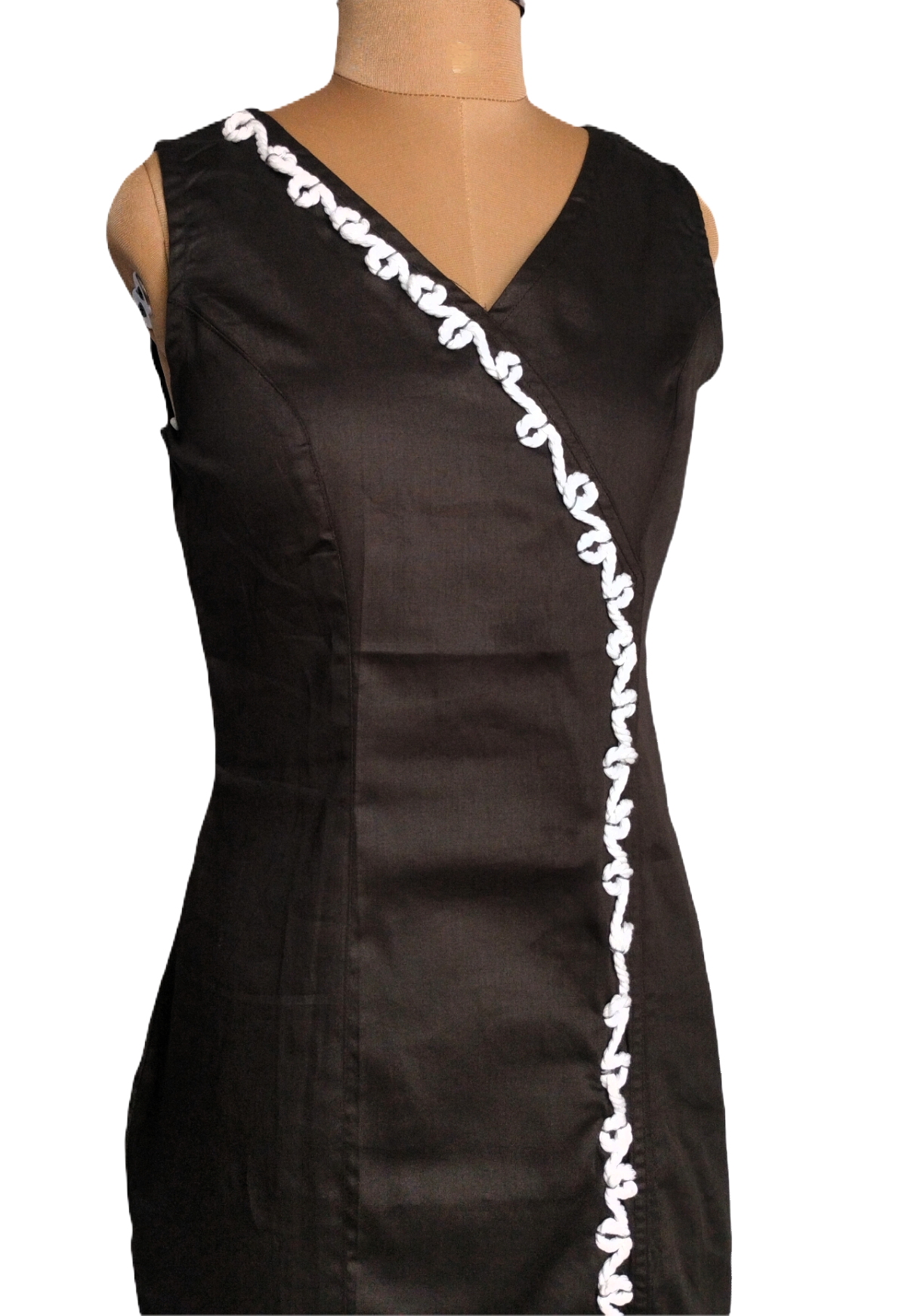 Black cotton Wrap-Style A-line Dress with White Embroidered Trim - Lataree